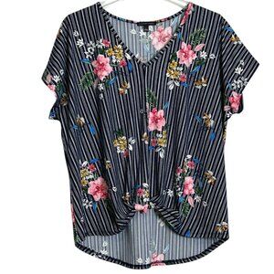 Signature Studio Women's Navy Blue White Striped Floral Large Short Sleeve Top